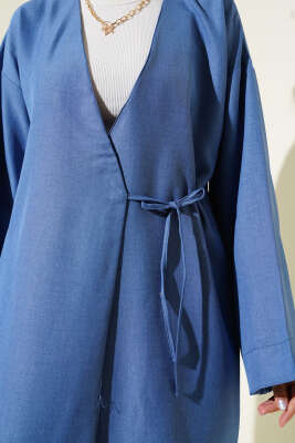 Yandan İp Bağlamalı Kimono Mavi - Thumbnail