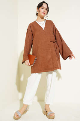 Yandan İp Bağlamalı Kimono Kahve - Thumbnail