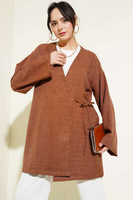 Yandan İp Bağlamalı Kimono Kahve - Thumbnail