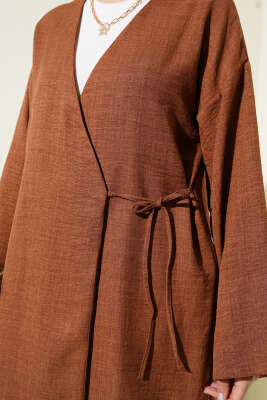 Yandan İp Bağlamalı Kimono Kahve - Thumbnail