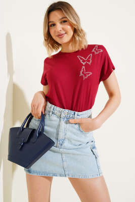 Pazarium - Kelebek Taşlı T-shirt Bordo