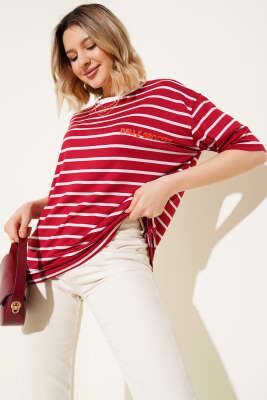 Çizgili Arka Baskılı T-shirt Bordo - Thumbnail