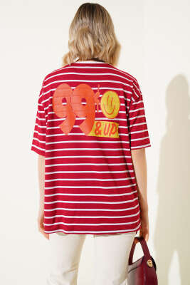 Çizgili Arka Baskılı T-shirt Bordo - Thumbnail