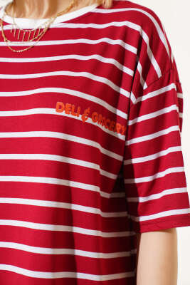 Çizgili Arka Baskılı T-shirt Bordo - Thumbnail