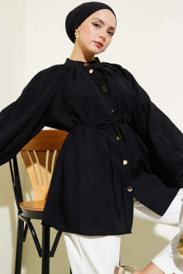 Pazarium - Gold Düğmeli Balon Kol Gömlek Siyah