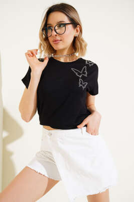 Pazarium - Kelebek Taşlı T-shirt Siyah