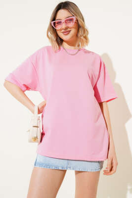 Basic Oversize T-shirt Şeker Pembe - Thumbnail