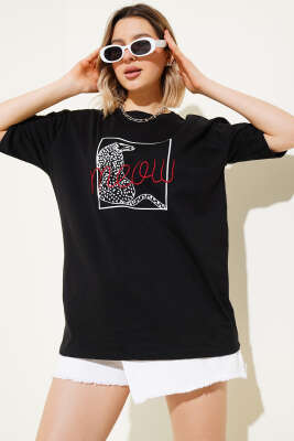 Pazarium - Meow Baskılı T-shirt Siyah
