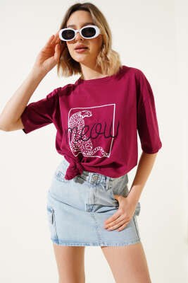 Pazarium - Meow Baskılı T-shirt Mürdüm