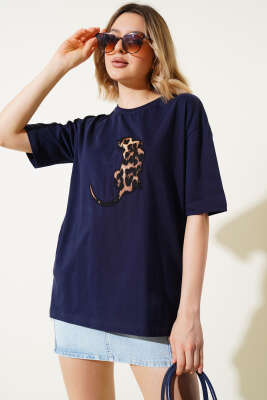 Leopar Baskılı Basic T-shirt Lacivert - Thumbnail