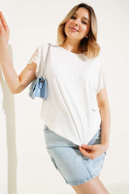 Kol Güpürlü T-shirt Ekru - Thumbnail