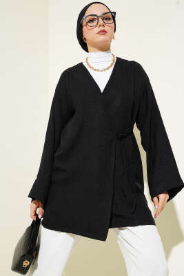 Yandan İp Bağlamalı Kimono Siyah - Thumbnail