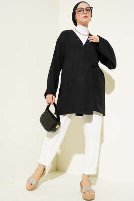 Yandan İp Bağlamalı Kimono Siyah - Thumbnail