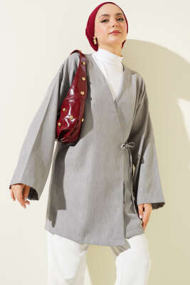 Yandan İp Bağlamalı Kimono Gri - Thumbnail