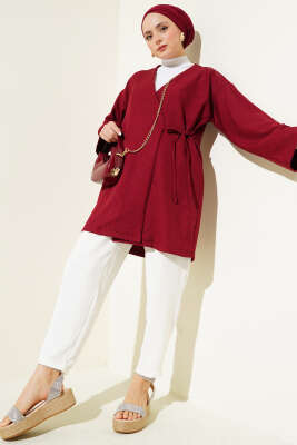 Yandan İp Bağlamalı Kimono Bordo - Thumbnail
