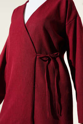 Yandan İp Bağlamalı Kimono Bordo - Thumbnail