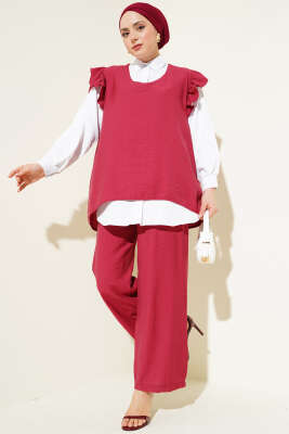 Pazarium - Omuz Fırfırlı Süveterli Üçlü Takım Bordo
