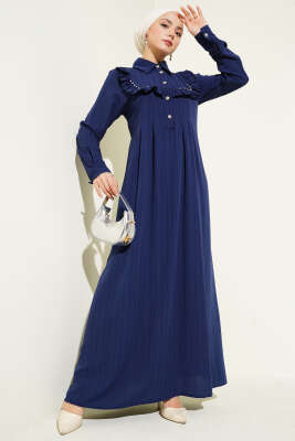 Pazarium - Yaka Taşlı Fırfırlı Elbise Lacivert