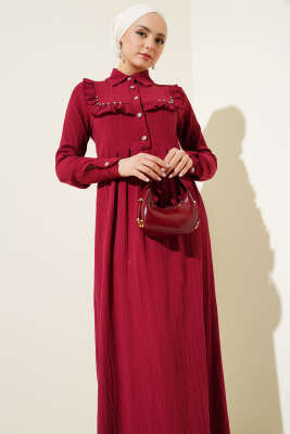 Yaka Taşlı Fırfırlı Elbise Bordo - Thumbnail
