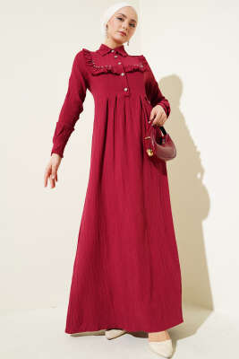 Yaka Taşlı Fırfırlı Elbise Bordo - Thumbnail