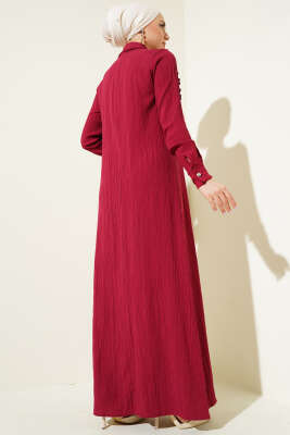 Yaka Taşlı Fırfırlı Elbise Bordo - Thumbnail