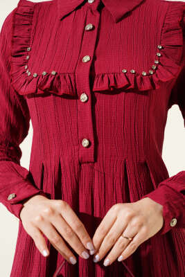 Yaka Taşlı Fırfırlı Elbise Bordo - Thumbnail