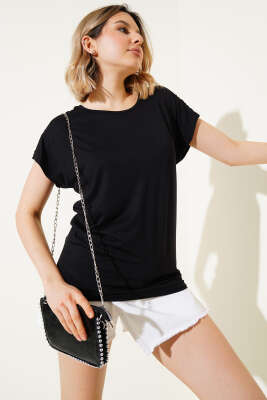 Omuz Taşlı T-shirt Siyah - Thumbnail