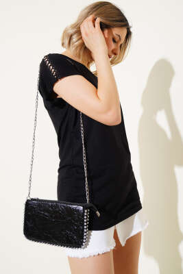 Pazarium - Omuz Taşlı T-shirt Siyah