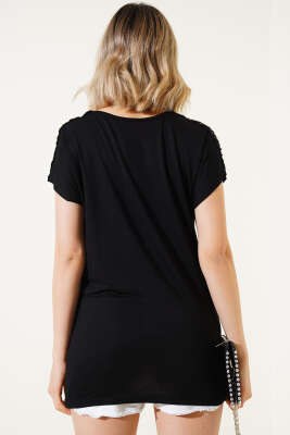 Omuz Taşlı T-shirt Siyah - Thumbnail