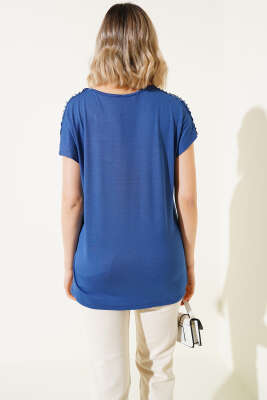 Omuz Taşlı T-shirt İndigo - Thumbnail