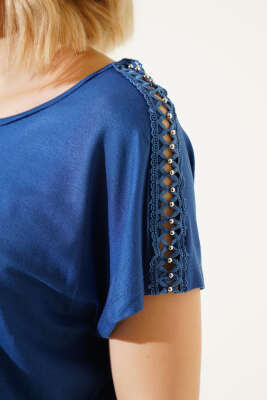 Omuz Taşlı T-shirt İndigo - Thumbnail