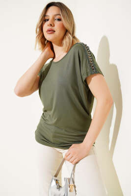 Omuz Taşlı T-shirt Haki - Thumbnail