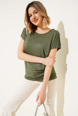 Omuz Taşlı T-shirt Haki - Thumbnail