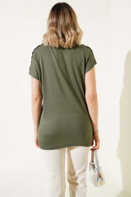 Omuz Taşlı T-shirt Haki - Thumbnail