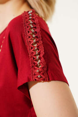 Omuz Taşlı T-shirt Bordo - Thumbnail