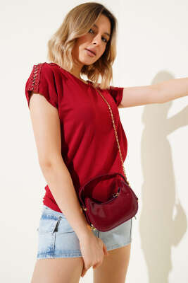 Omuz Taşlı T-shirt Bordo - Thumbnail