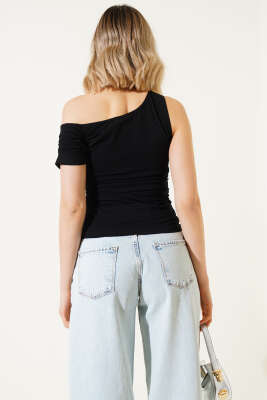 Yan Büzgülü Tek Kol Bluz Siyah - Thumbnail