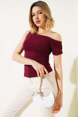 Pazarium - Yan Büzgülü Tek Kol Bluz Bordo