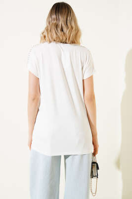 Omuz Taşlı T-shirt Ekru - Thumbnail