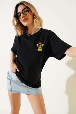 Ayıcık Nakışlı Basic T-shirt Siyah - Thumbnail