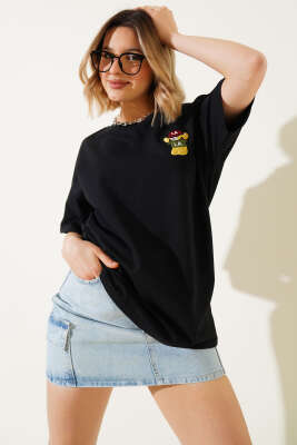 Ayıcık Nakışlı Basic T-shirt Siyah - Thumbnail