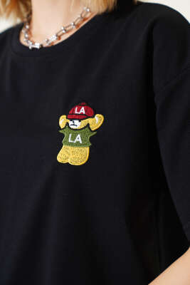 Ayıcık Nakışlı Basic T-shirt Siyah - Thumbnail