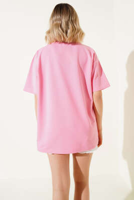 Ayıcık Nakışlı Basic T-shirt Pembe - Thumbnail