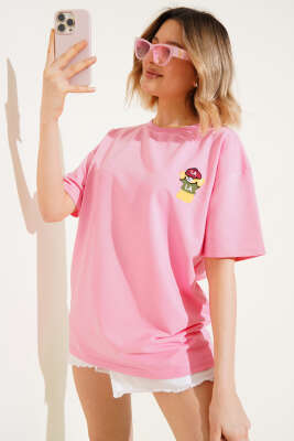 Ayıcık Nakışlı Basic T-shirt Pembe - Thumbnail