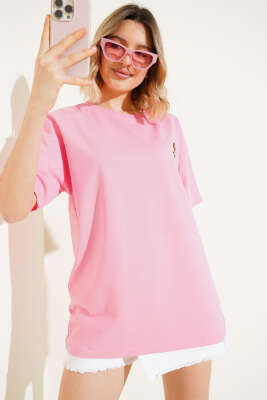 Ayıcık Nakışlı Basic T-shirt Pembe - Thumbnail
