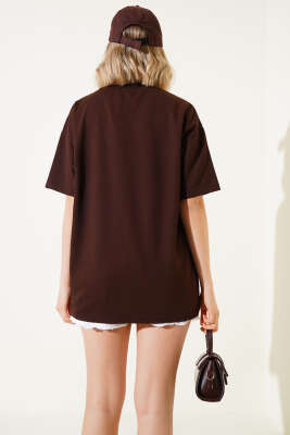 Ayıcık Nakışlı Basic T-shirt Kahve - Thumbnail