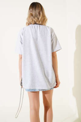 Ayıcık Nakışlı Basic T-shirt Gri - Thumbnail