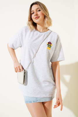 Ayıcık Nakışlı Basic T-shirt Gri - Thumbnail