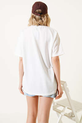 Ayıcık Nakışlı Basic T-shirt Ekru - Thumbnail