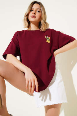 Ayıcık Nakışlı Basic T-shirt Bordo - Thumbnail